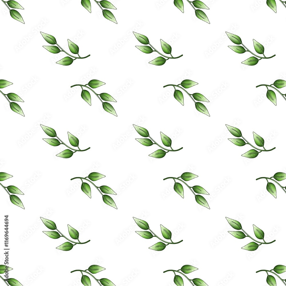 Branches of green leaves on white background repeating raster pattern Branches of green leaves on white background repeating raster pattern