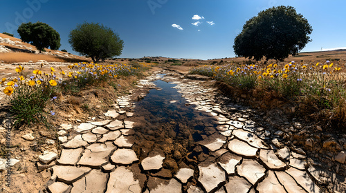 Dried creek bed with wildflowers and puddles under sunny sky. photo