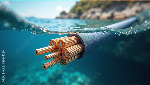 Close-up of an underwater fiber optic cable, connecting continents across oceans, enabling global internet and data transmission photo