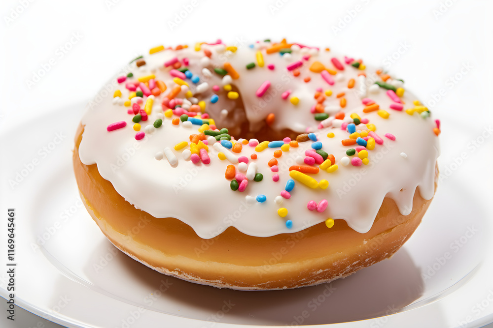 Sweet Temptation; Delectable Glazed Donut With Sprinkles Set Upon a Rustic Wooden Background. Sweet Temptation; Delectable Glazed Donut With Sprinkles Set Upon a Rustic Wooden Background.