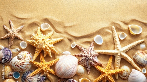 Seashells and Starfish Adorn Golden Sand Beach