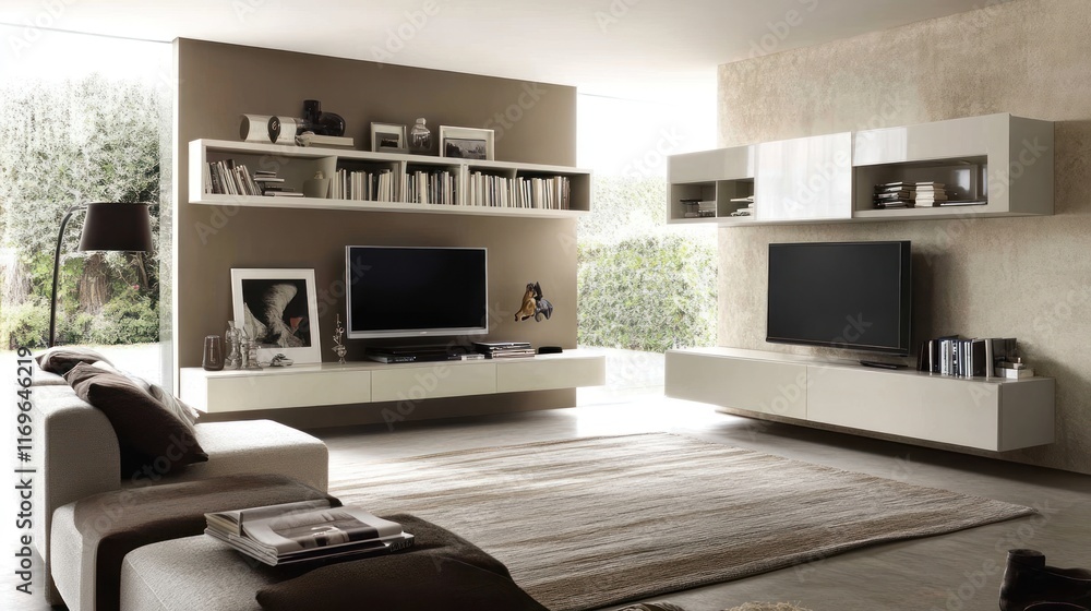 Modern Living Room With Built In Shelving And Televisions Modern Living Room With Built In Shelving And Televisions