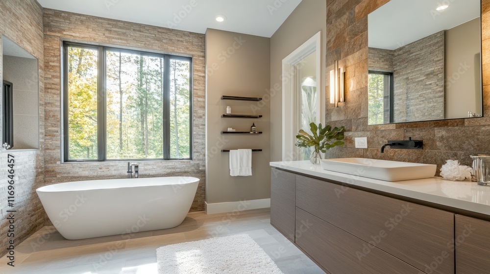 Modern Luxury Bathroom With Freestanding Tub And Stone Accents Modern Luxury Bathroom With Freestanding Tub And Stone Accents