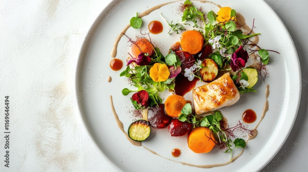 Gourmet dish with seasonal vegetables, tender protein, and rich sauce Gourmet dish with seasonal vegetables, tender protein, and rich sauce