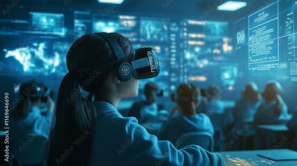digital classroom with holographic screens displaying complex data, students wearing VR headsets digital classroom with holographic screens displaying complex data, students wearing VR headsets