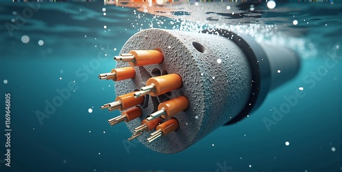 Close-up of an underwater fiber optic cable, connecting continents across oceans, enabling global internet and data transmission photo