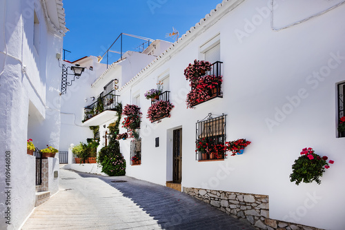 Obraz na płótnie Unique white painted village of Mijas (not far from Malaga) - Spanish hill town overlooking the Costa del Sol. Wonderful decoration of the houses in Mijas. Mijas, Andalusia, Spain. w salonie