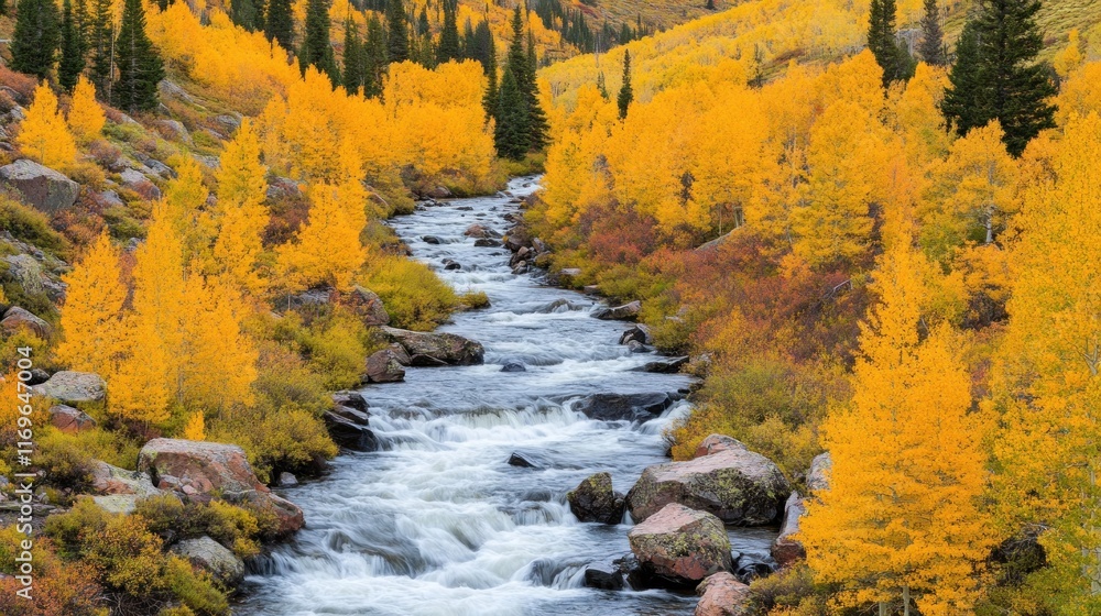 Golden Aspen Trees Line a Mountain Stream Golden Aspen Trees Line a Mountain Stream