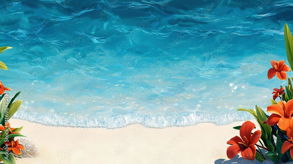 A painting of a beach with blue water and white sand, featuring flowers on the shore A painting of a beach with blue water and white sand, featuring flowers on the shore