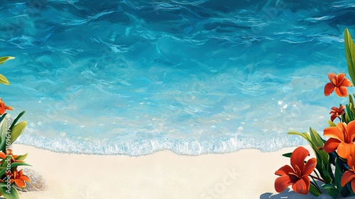   A painting of a beach with blue water and white sand, featuring flowers on the shore