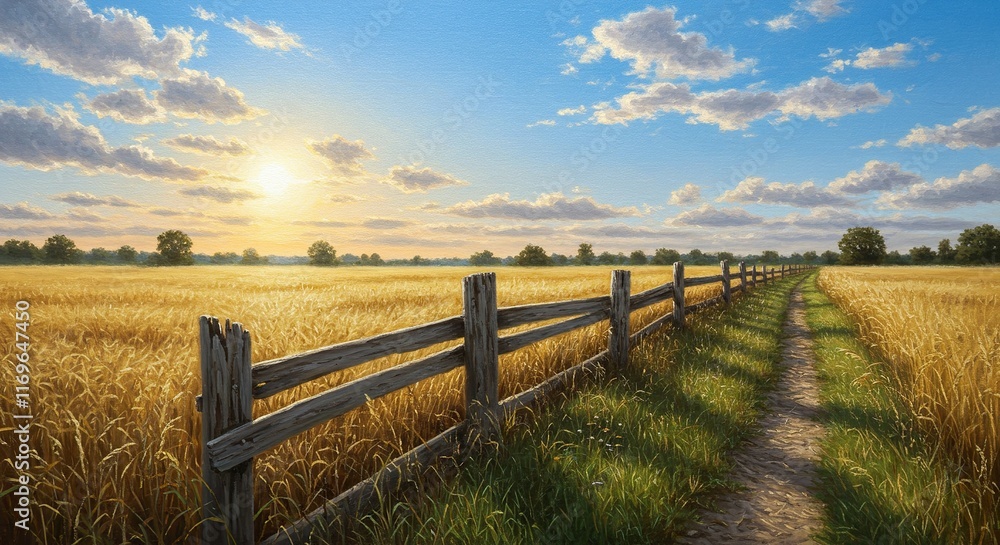 Fototapeta premium Golden Wheat Field at Sunrise. Ideal for Agricultural and Rural Life Themes.