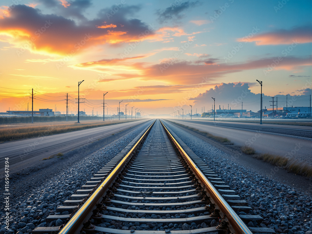 A Captivating View of Railway Tracks Stretching Into Infinity Amid Vibrant Skies and Serene Morning Mist A Captivating View of Railway Tracks Stretching Into Infinity Amid Vibrant Skies and Serene Morning Mist