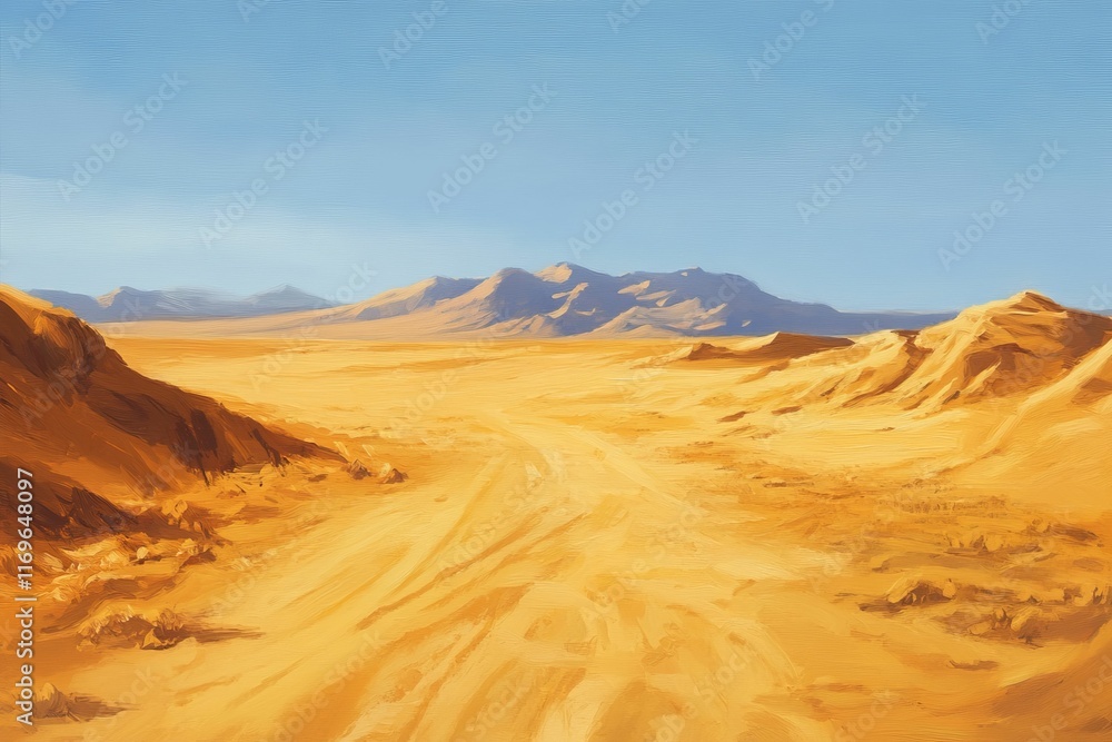 Desert landscape, distant mountains, tire tracks, sand. Desert landscape, distant mountains, tire tracks, sand.