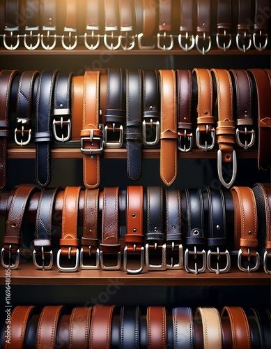 A display of men's leather belts in various shades of brown and black. photo