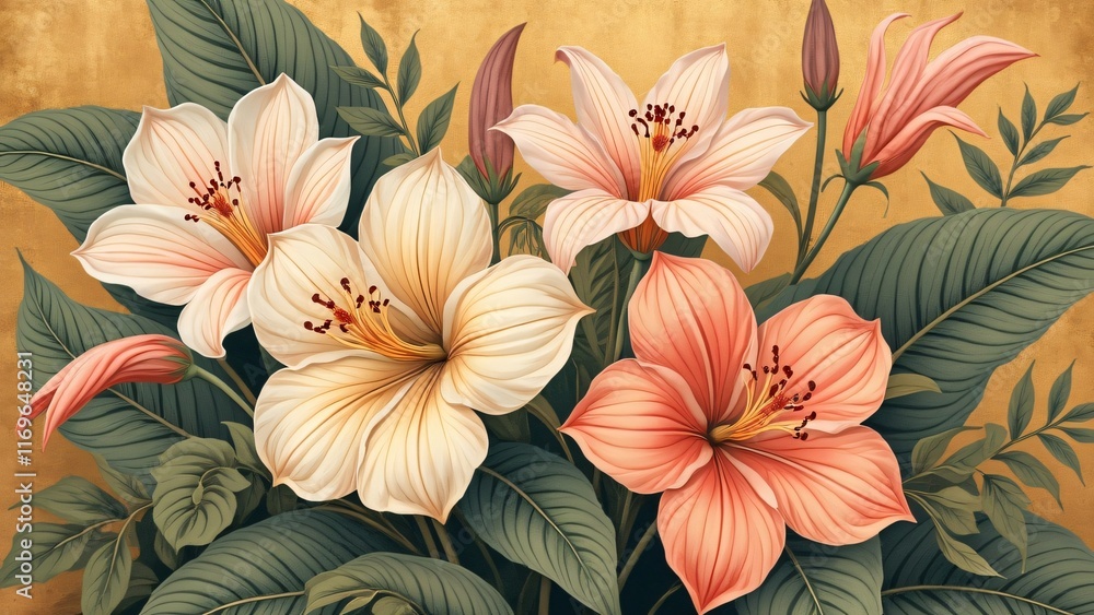 custom made wallpaper toronto digitalElegant Botanical Floral Illustration with Peach and Cream Lilies