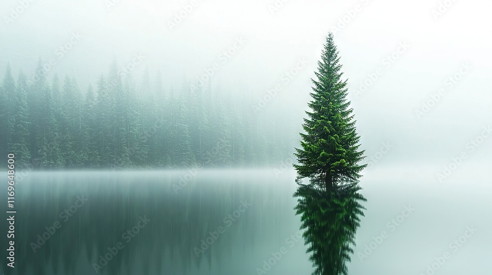 Obraz premium A solitary pine tree stands majestically in the center of a tranquil lake, surrounded by a dense forest of similarly misty pines on this hazy morning