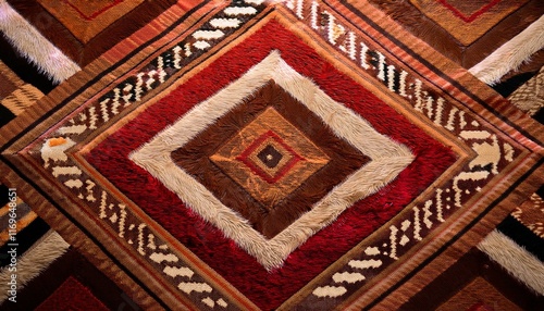 Intricate textile with warm earthy tones and geometric patterns.