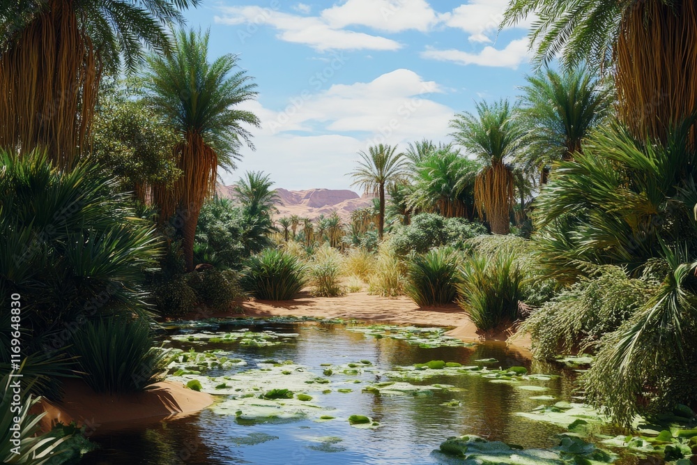 Obraz premium Oasis stream, lush palms, desert mountains.