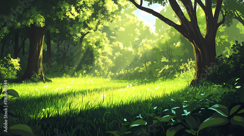 Vibrant green grass field with lush foliage in serene outdoor environment. Sylvan. Illustration