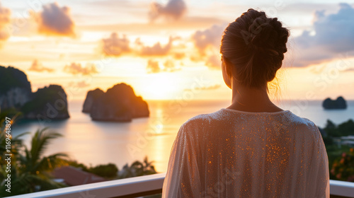 A serene coastal vista at golden hour: a woman in an elegant glittering outfit stands on a balcony, overlooking crystal-clear waters and rocky islands, her hair catching the sunlig photo