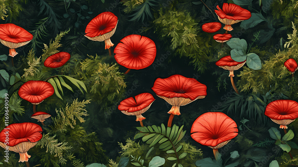 Vibrant red mushrooms growing on lush green moss in a serene forest setting, capturing the beauty of nature's design. Sylvan. Illustration Vibrant red mushrooms growing on lush green moss in a serene forest setting, capturing the beauty of nature's design. Sylvan. Illustration
