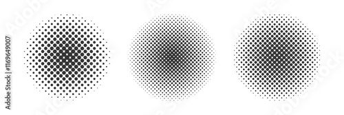 Abstract halftone circles set. Pop art comic dotted Texture circle. Black Dots gradient isolated on white. Monochrome illustration. Geometric round shapes. Half tone effect