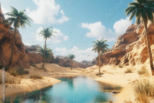 Oasis, palm trees, canyon, blue water, desert.