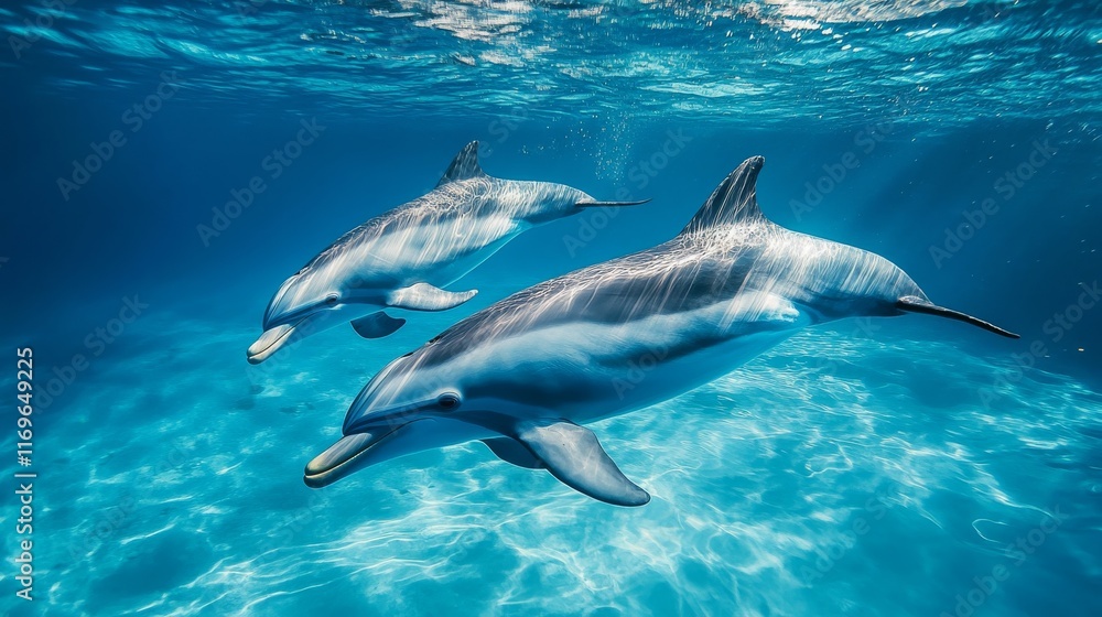 Naklejka premium Dual dolphins glide effortlessly through vibrant ocean waters, illuminated by sunlight streaming from above. Their playful movements create a serene underwater atmosphere