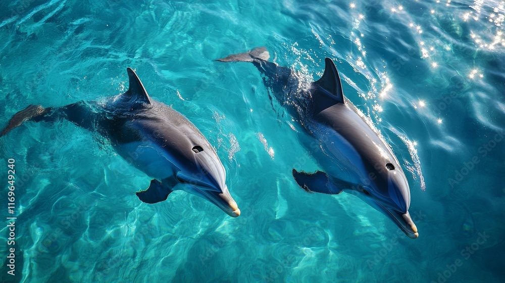 Naklejka premium Two dolphins swim side by side in vibrant turquoise water under bright sunlight. Their sleek bodies glide effortlessly, creating small ripples as they move