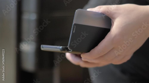 Woman's hands holding and using a smartphone with a flip case. Woman sitting. Close up shot