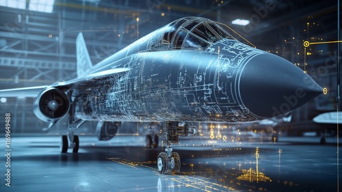 A high-tech hangar showcases a futuristic fighter jet with intricate blueprint projections illuminating its surface. The setting emphasizes advanced aerospace technology and design innovation