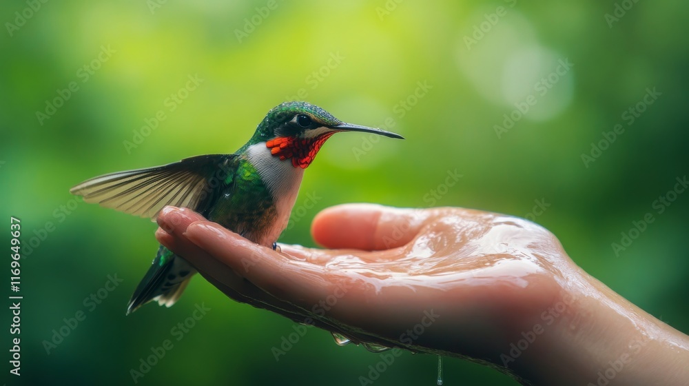 Fototapeta premium A vibrant hummingbird perches on an outstretched hand, glistening with water droplets. The rich green backdrop adds tranquility to this intimate moment in nature