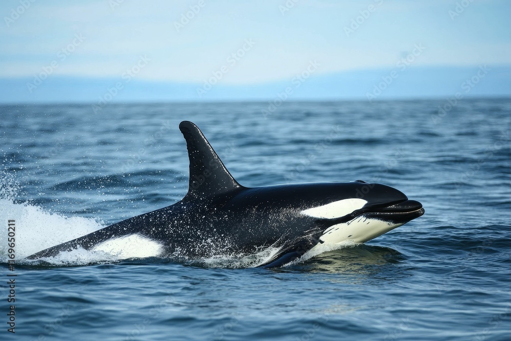 Fototapeta premium Black and white whale surfacing ocean water.