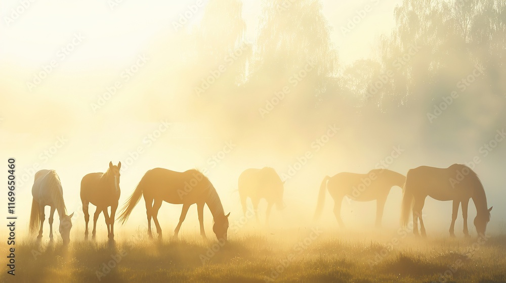 A group of horses graze in a foggy field, with trees behind them and the sun shining through the mist A group of horses graze in a foggy field, with trees behind them and the sun shining through the mist