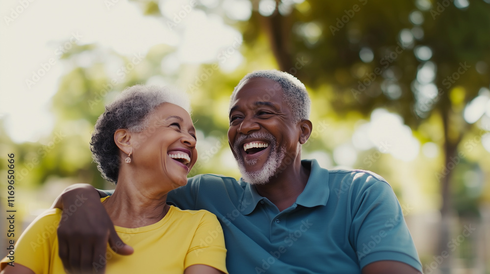 A happy senior couple enjoys a peaceful moment together outdoors, smiling and laughing in each other's company. Their joyful expressions reflect years of love and companionship, ma A happy senior couple enjoys a peaceful moment together outdoors, smiling and laughing in each other's company. Their joyful expressions reflect years of love and companionship, ma