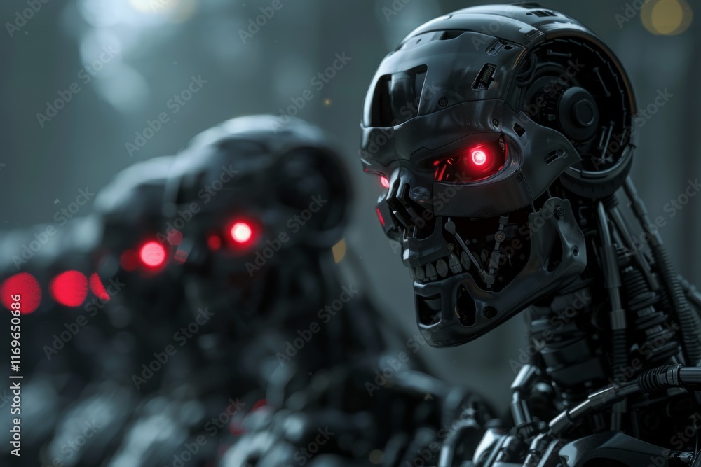 Fototapeta premium A group of robots with red eyes and glowing lights
