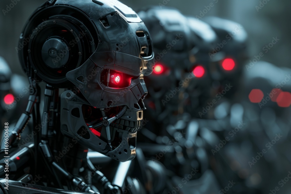 A group of robots with red eyes and black helmets A group of robots with red eyes and black helmets