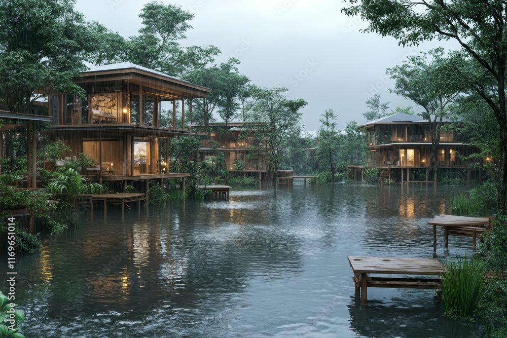 Rain-soaked wooden houses on tranquil lake. Rain-soaked wooden houses on tranquil lake.