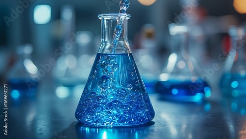 Blue Liquid Pouring into Erlenmeyer Flask Science Experiment