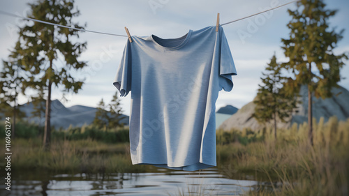 T-shirt hanging on a clothesline in a serene outdoor setting near a calm lake surrounded by trees and mountains photo