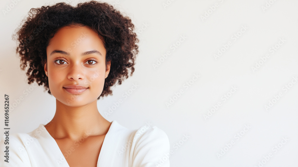 Close-up of a graceful woman leaning on her arms, dressed in white, emphasizing natural beauty and simplicity against a neutral backdrop. Perfect for skincare or lifestyle promotio Close-up of a graceful woman leaning on her arms, dressed in white, emphasizing natural beauty and simplicity against a neutral backdrop. Perfect for skincare or lifestyle promotio
