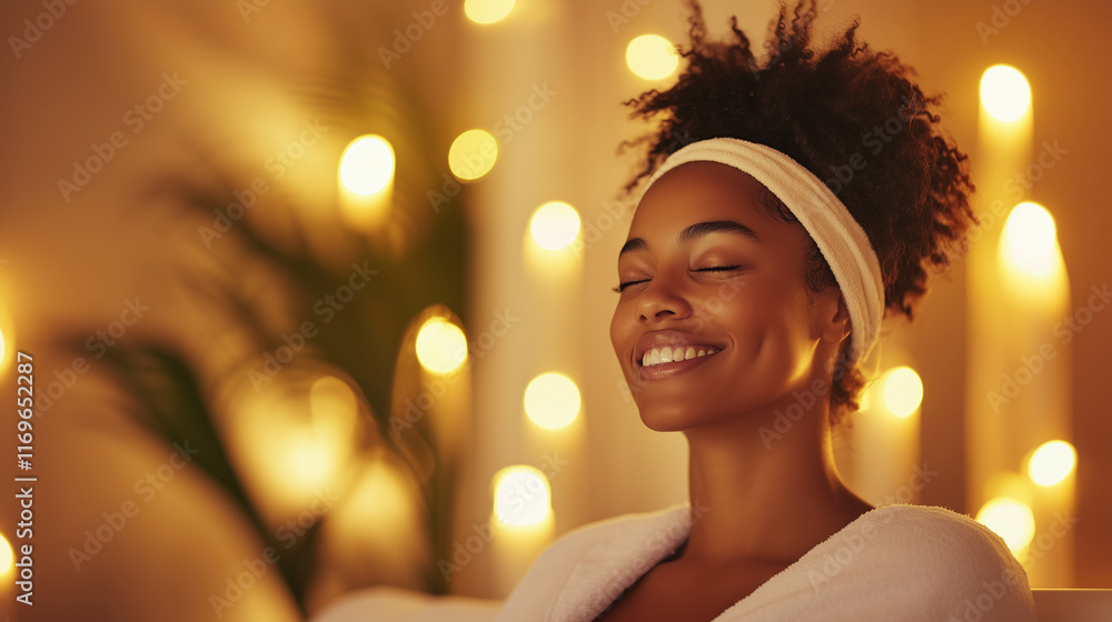 Smiling woman in a spa-like setting with a light headband, showcasing natural beauty and self-care. Perfect for wellness and facial skincare-related themes. natural beauty, self-ca Smiling woman in a spa-like setting with a light headband, showcasing natural beauty and self-care. Perfect for wellness and facial skincare-related themes. natural beauty, self-ca