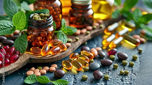This captivating display highlights a variety of nutraceutical supplements arranged artfully on a wooden surface.