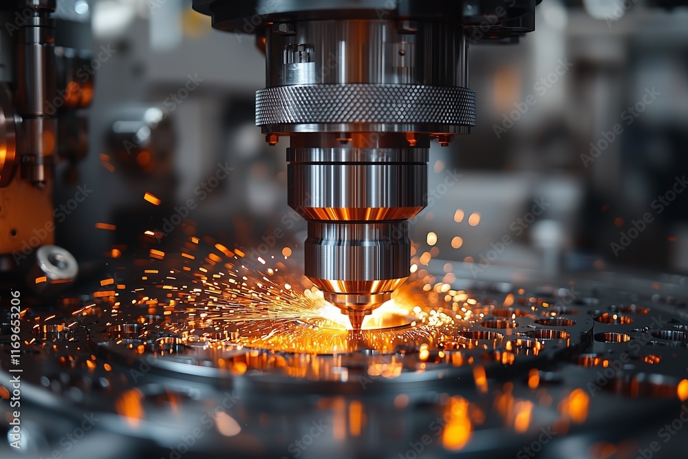 CNC Machine Precision Cutting Process with Sparks, Industrial Manufacturing Close-up CNC Machine Precision Cutting Process with Sparks, Industrial Manufacturing Close-up