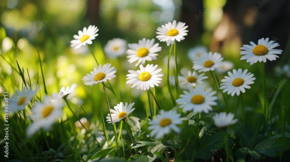 A vibrant display of daisies fills a lush green meadow, basking in the warm sunlight of a spring afternoon. Their white petals contrast beautifully with the yellow centers A vibrant display of daisies fills a lush green meadow, basking in the warm sunlight of a spring afternoon. Their white petals contrast beautifully with the yellow centers