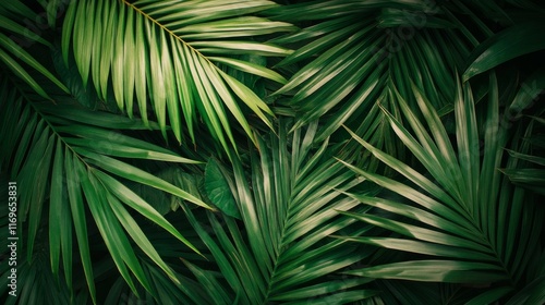 Dense clusters of lush palm leaves showcase a rich green palette, perfectly suited for creating a tropical atmosphere while allowing ample space for added text or designs photo