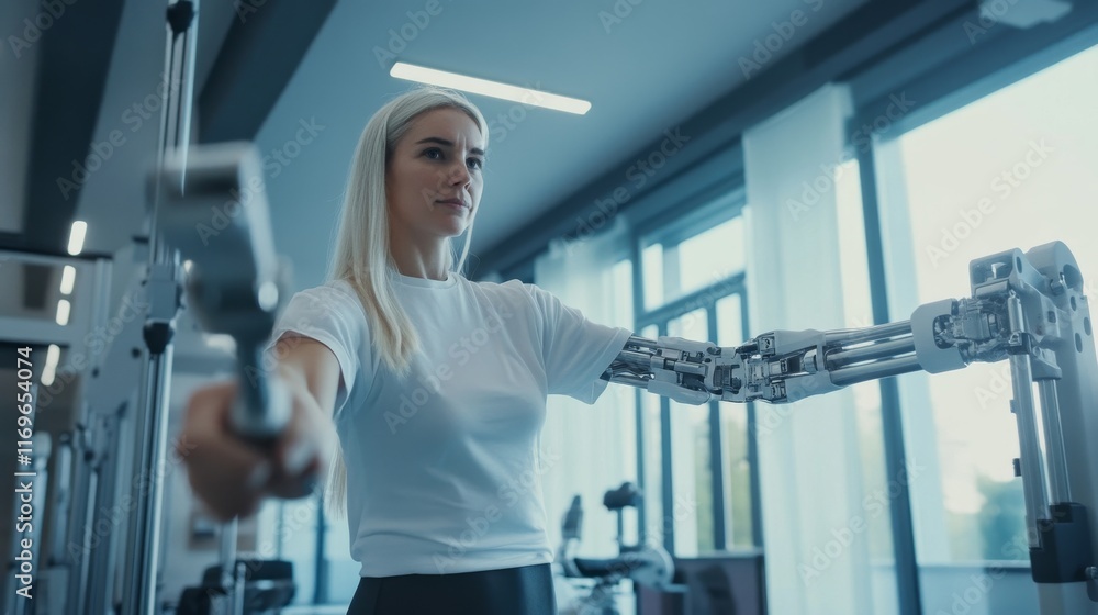 A woman with blonde hair is engaged in strength training exercises, utilizing advanced prosthetic arms in a spacious, well-lit gym. The modern equipment enhances her workout experience A woman with blonde hair is engaged in strength training exercises, utilizing advanced prosthetic arms in a spacious, well-lit gym. The modern equipment enhances her workout experience