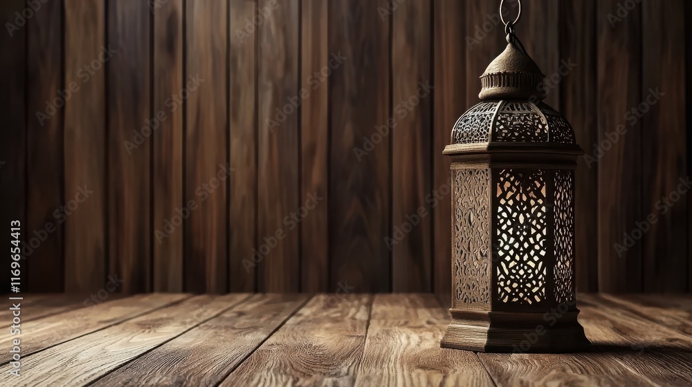 Intricately Designed Lantern with Warm Glow on Rustic Wooden Surface Surrounded by Dim Lighting Atmosphere Perfect for Cozy Ambiance