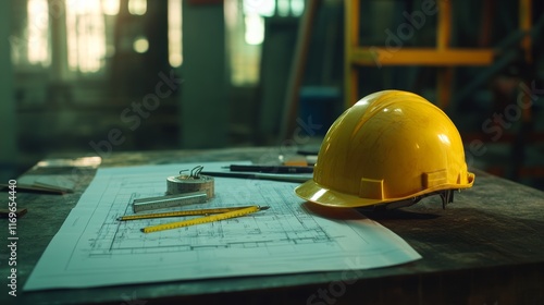 A yellow hard hat rests alongside architectural blueprints, pencils, and a tape measure on a workspace. Bright light filters through windows, illuminating the tools photo