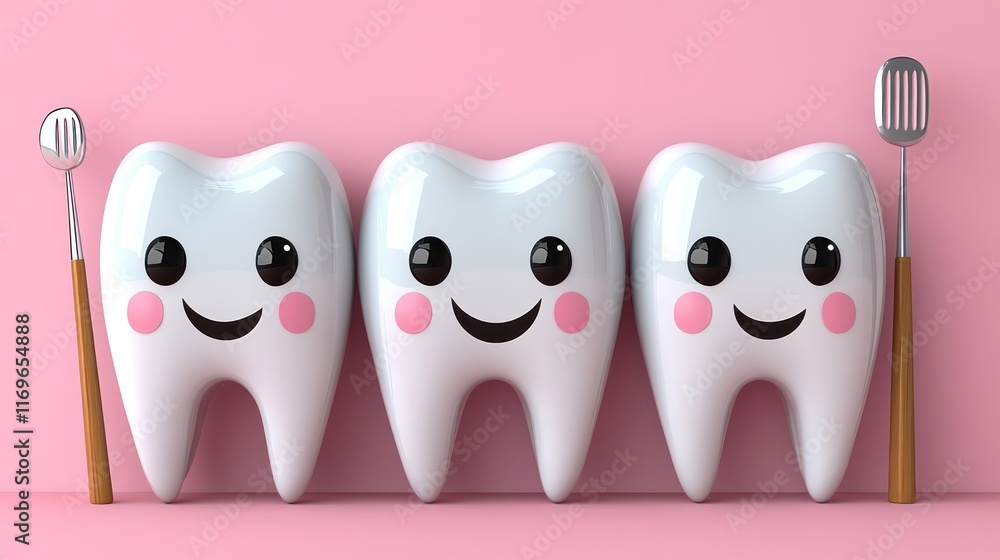 Fototapeta premium Three happy cartoon teeth with tongue cleaner on pink background.